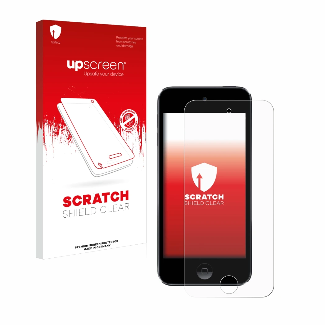 Parte frontal de un envase de producto con el logotipo de la marca upscreen. Al lado se muestra el dispositivo Apple iPod Touc
