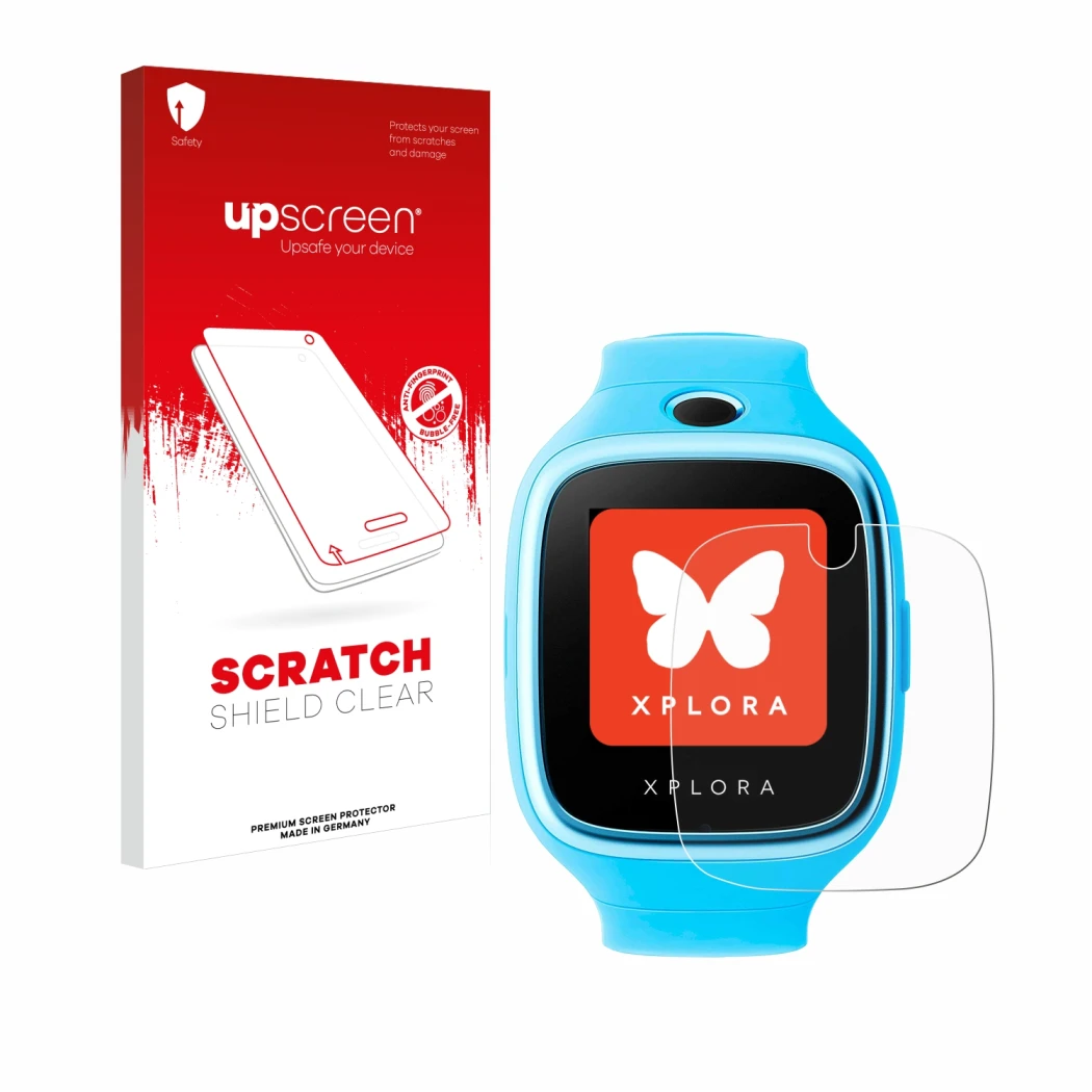 Parte frontal de un envase de producto con el logotipo de la marca upscreen. Al lado se muestra el dispositivo Xplora Go con s