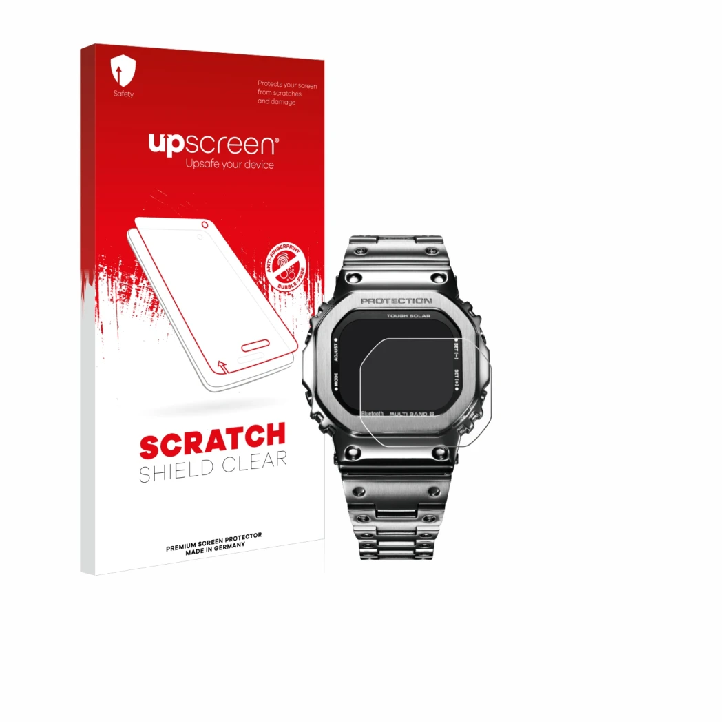 Parte frontal de un envase de producto con el logotipo de la marca upscreen. Al lado se muestra el dispositivo Casio G-Shock G