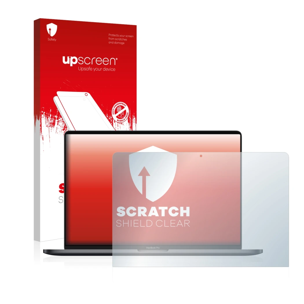 Parte frontal de un envase de producto con el logotipo de la marca upscreen. Al lado se muestra el dispositivo Apple MacBook P