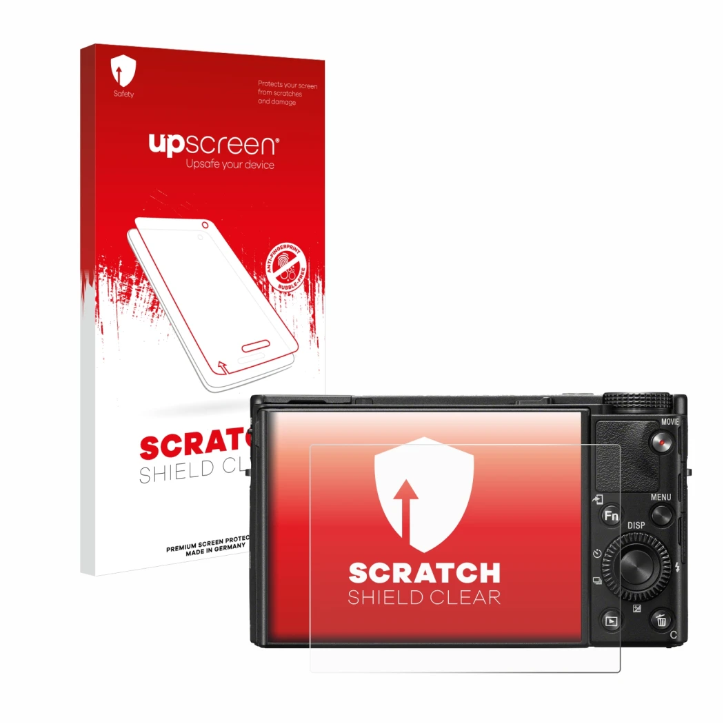 Parte frontal de un envase de producto con el logotipo de la marca upscreen. Al lado se muestra el dispositivo Sony Cyber-Shot