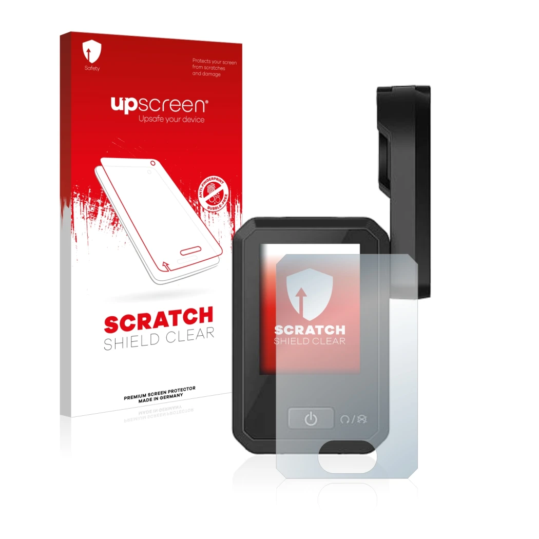 Parte frontal de un envase de producto con el logotipo de la marca upscreen. Al lado se muestra el dispositivo Flyer Display D