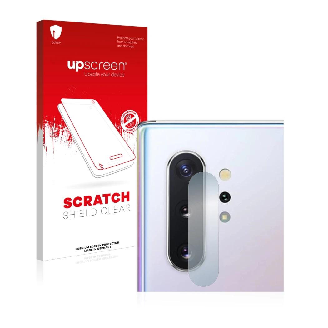 Parte frontal de un envase de producto con el logotipo de la marca upscreen. Al lado se muestra el dispositivo Samsung Galaxy 