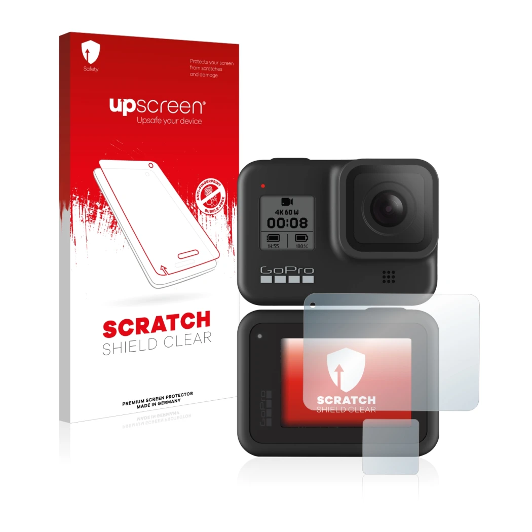 Parte frontal de un envase de producto con el logotipo de la marca upscreen. Al lado se muestra el dispositivo GoPro Hero 8 Bl