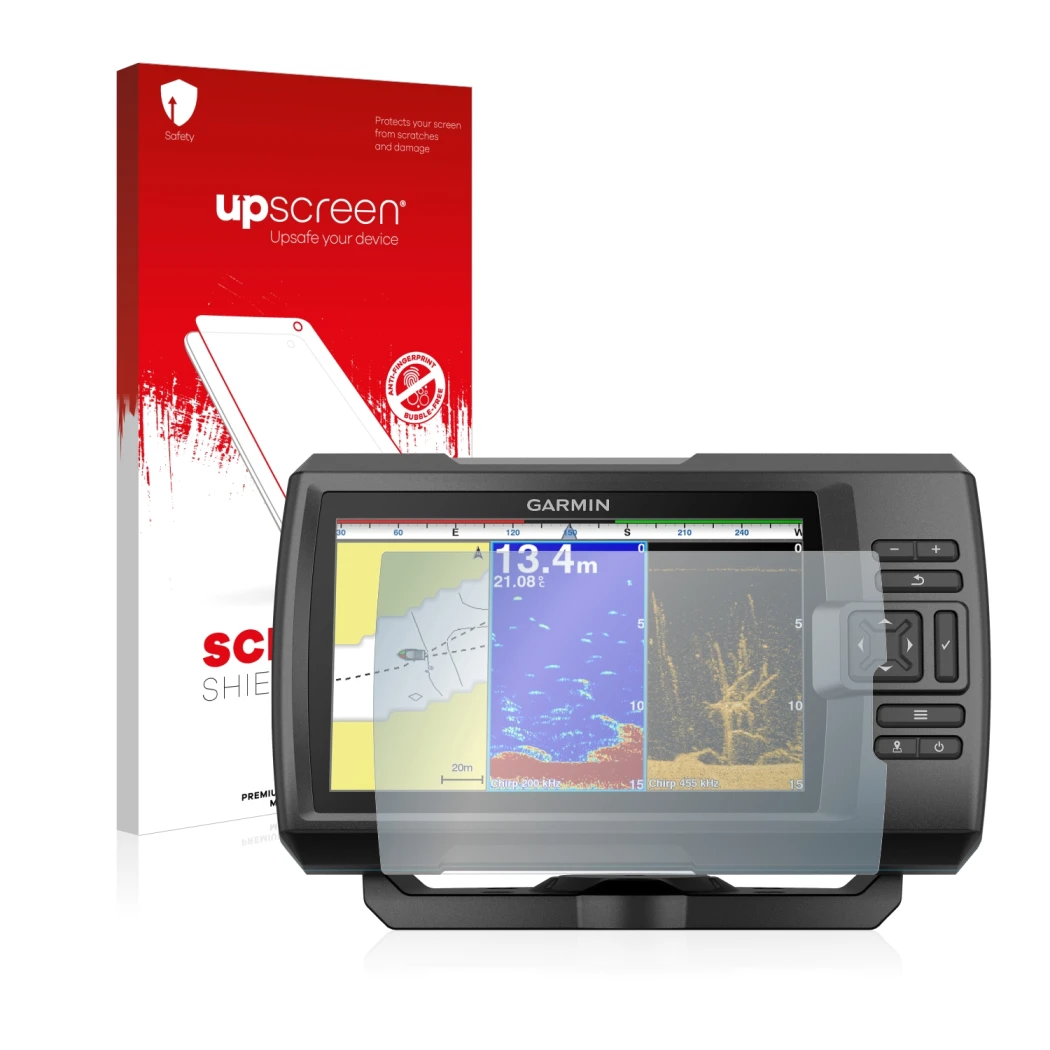 Parte frontal de un envase de producto con el logotipo de la marca upscreen. Al lado se muestra el dispositivo Garmin Striker 