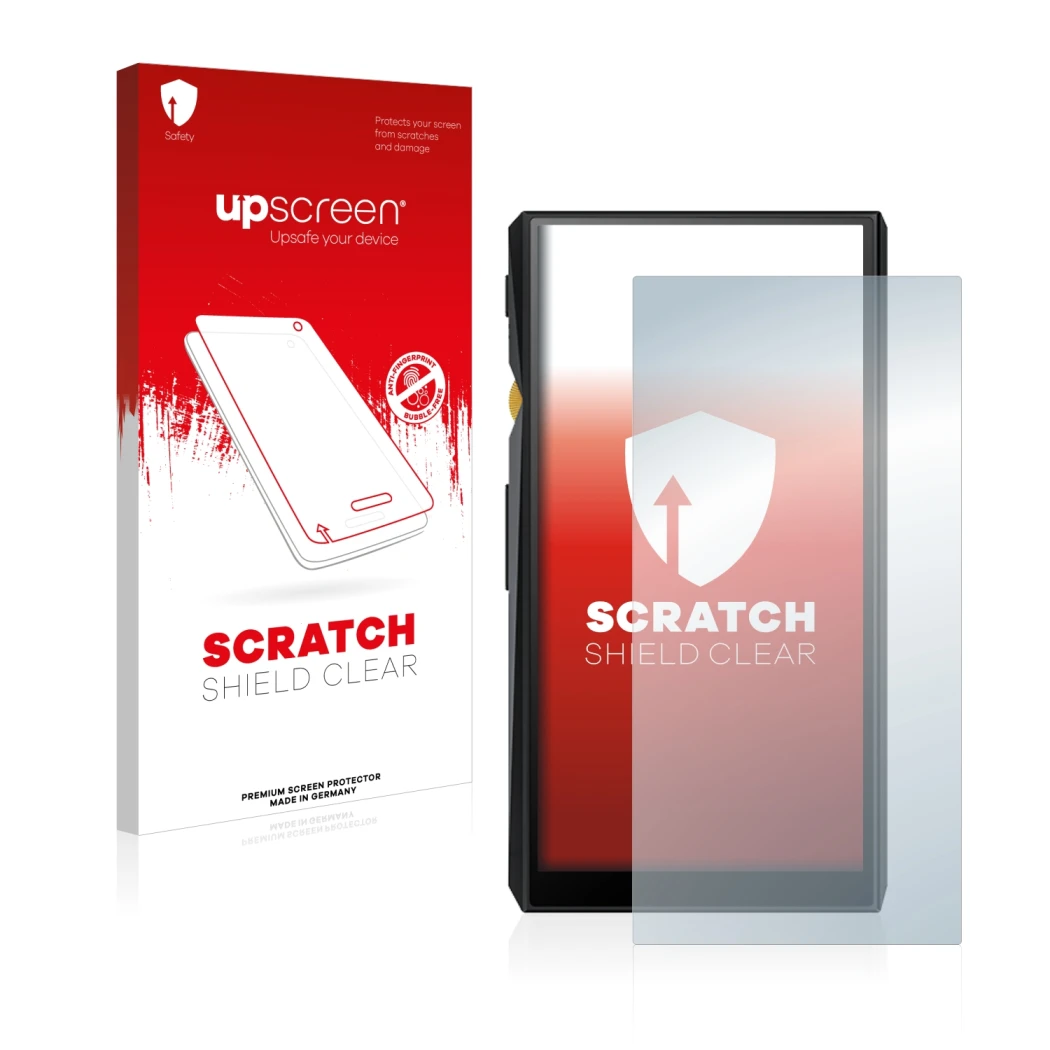 Parte frontal de un envase de producto con el logotipo de la marca upscreen. Al lado se muestra el dispositivo FiiO M11 con su
