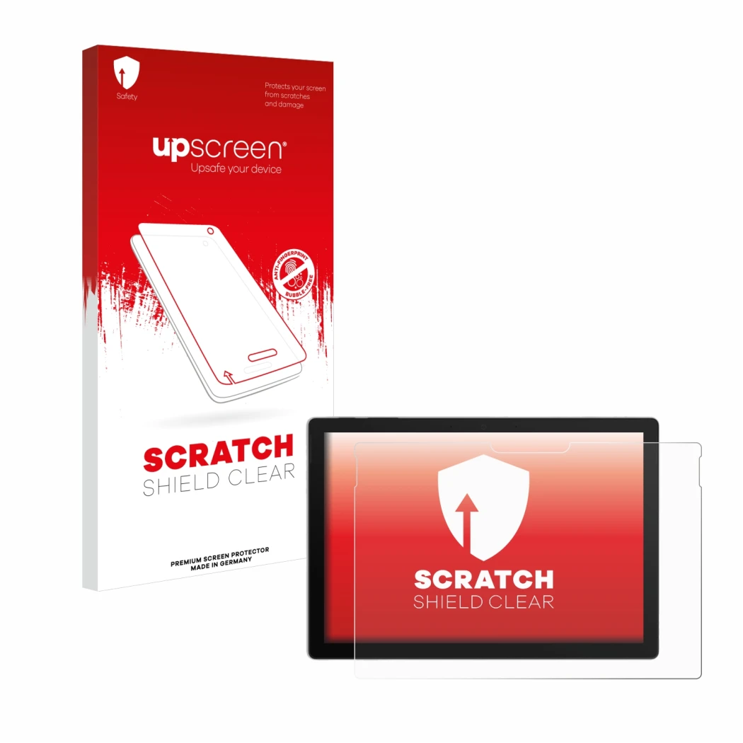 Parte frontal de un envase de producto con el logotipo de la marca upscreen. Al lado se muestra el dispositivo Microsoft Surfa