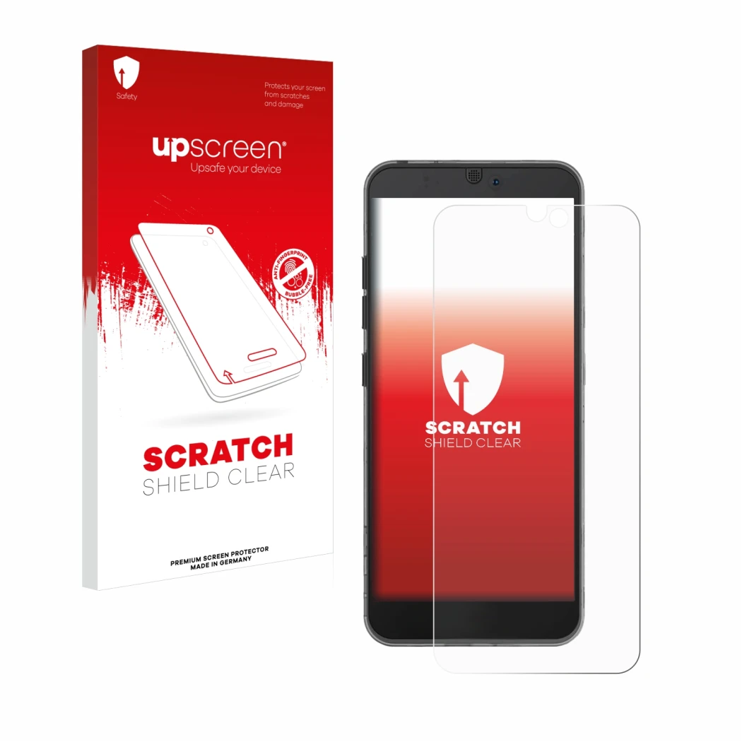Parte frontal de un envase de producto con el logotipo de la marca upscreen. Al lado se muestra el dispositivo Fairphone 3 con