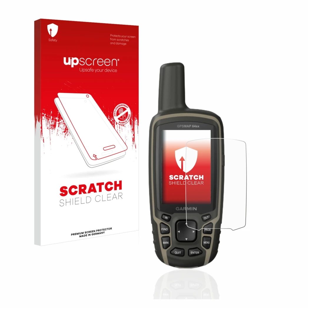Parte frontal de un envase de producto con el logotipo de la marca upscreen. Al lado se muestra el dispositivo Garmin GPSMAP 6