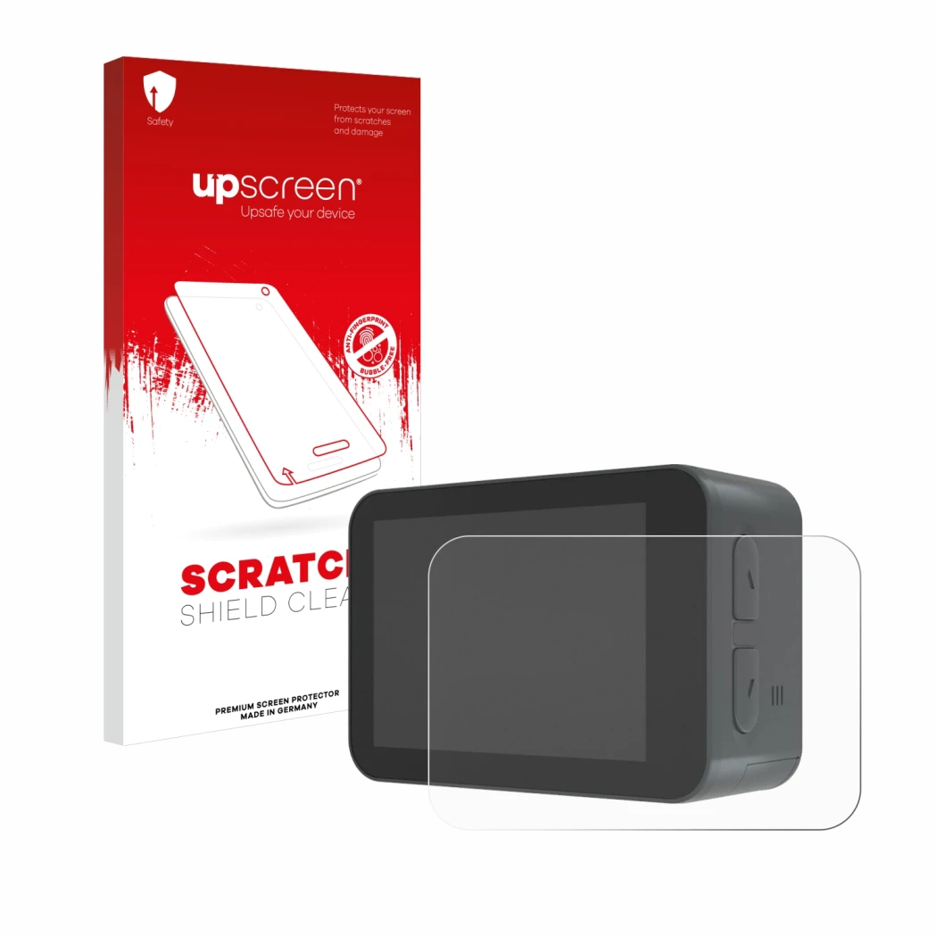 Parte frontal de un envase de producto con el logotipo de la marca upscreen. Al lado se muestra el dispositivo Akaso V50X con