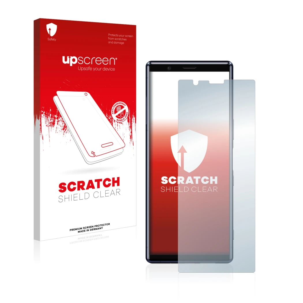 Parte frontal de un envase de producto con el logotipo de la marca upscreen. Al lado se muestra el dispositivo Sony Xperia 5 c