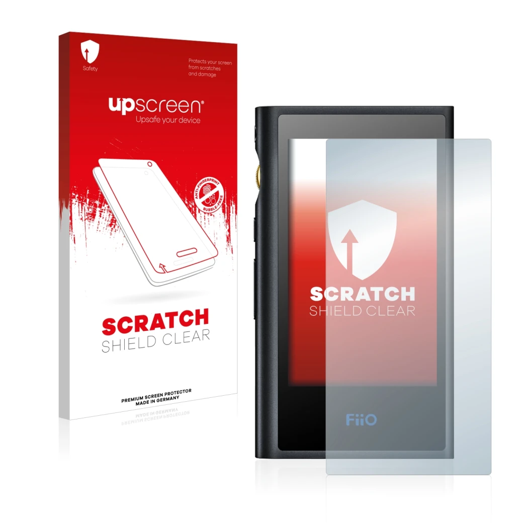 Parte frontal de un envase de producto con el logotipo de la marca upscreen. Al lado se muestra el dispositivo FiiO M9 con su