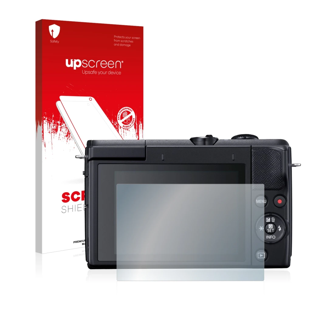 Parte frontal de un envase de producto con el logotipo de la marca upscreen. Al lado se muestra el dispositivo Canon EOS M200