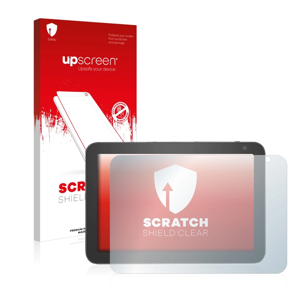 Parte frontal de un envase de producto con el logotipo de la marca upscreen. Al lado se muestra el dispositivo Amazon Echo Sho