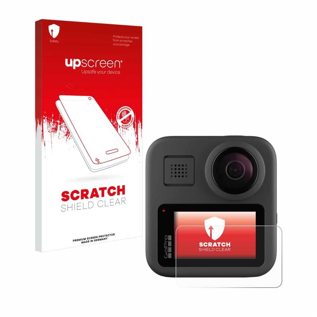 Parte frontal de un envase de producto con el logotipo de la marca upscreen. Al lado se muestra el dispositivo GoPro Max con s
