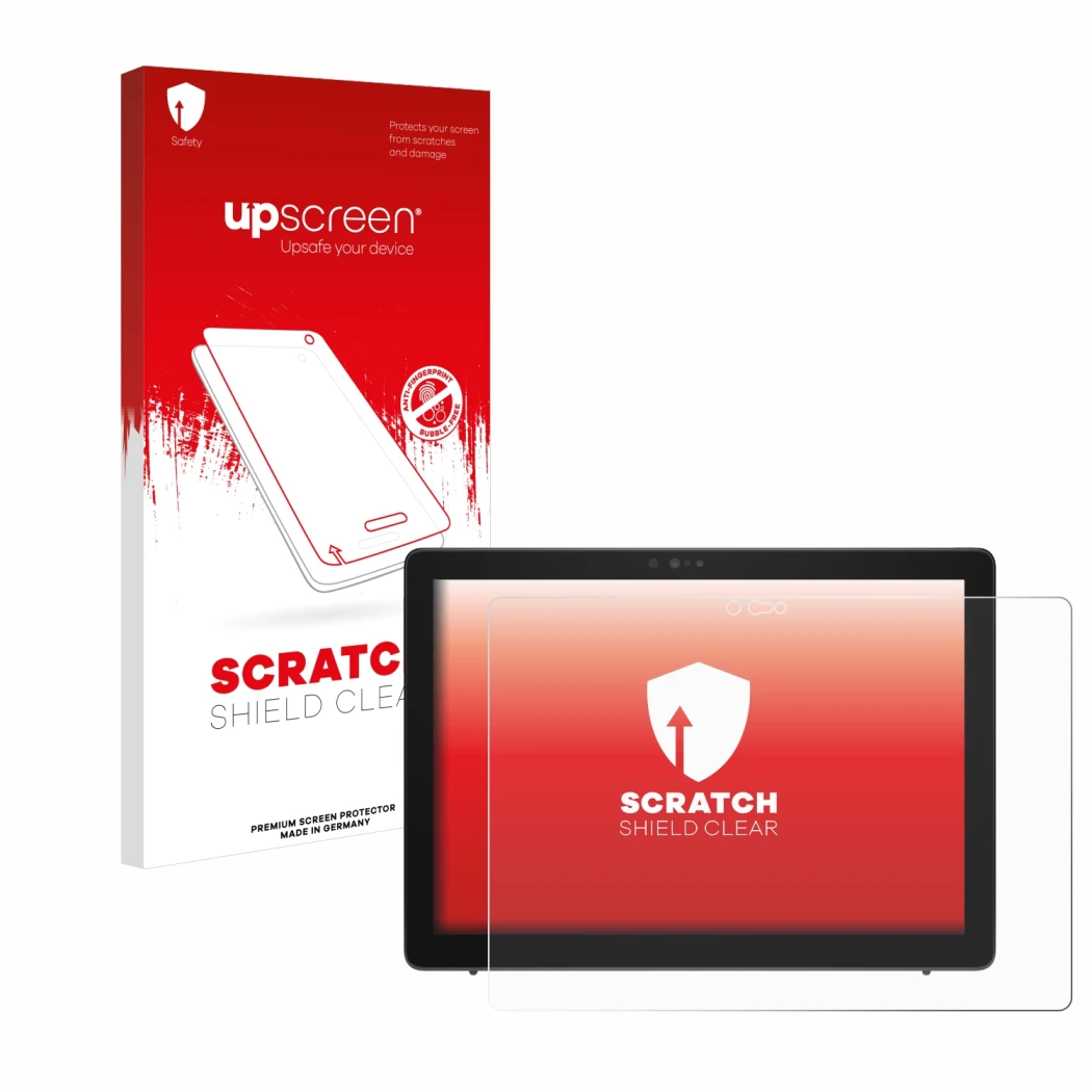 Parte frontal de un envase de producto con el logotipo de la marca upscreen. Al lado se muestra el dispositivo Dell Latitude 7