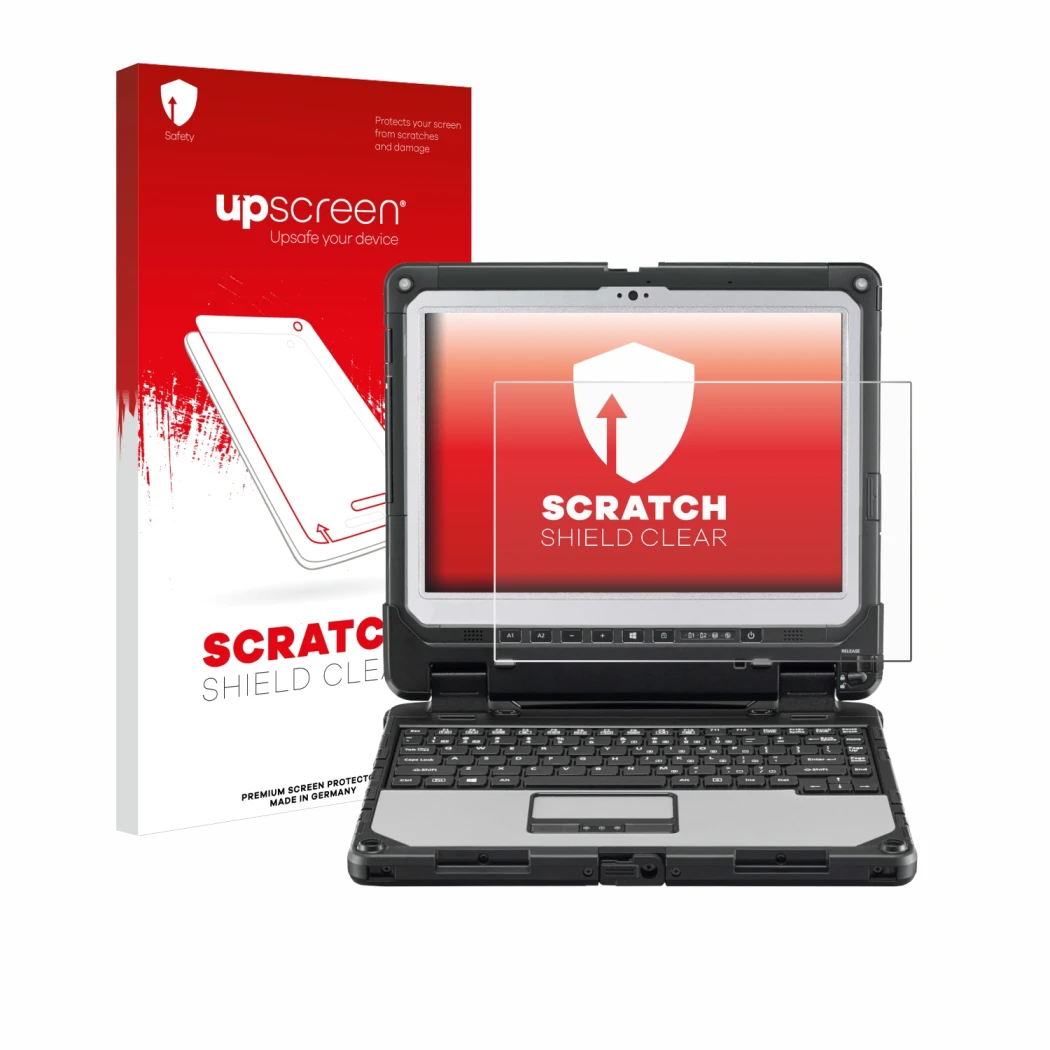 Parte frontal de un envase de producto con el logotipo de la marca upscreen. Al lado se muestra el dispositivo Panasonic Tough