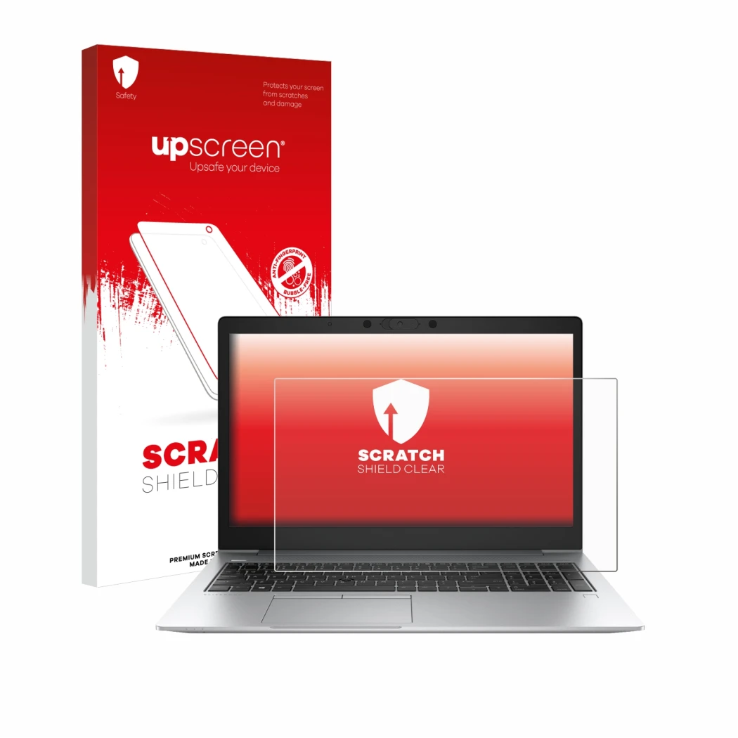 Parte frontal de un envase de producto con el logotipo de la marca upscreen. Al lado se muestra el dispositivo HP EliteBook 85