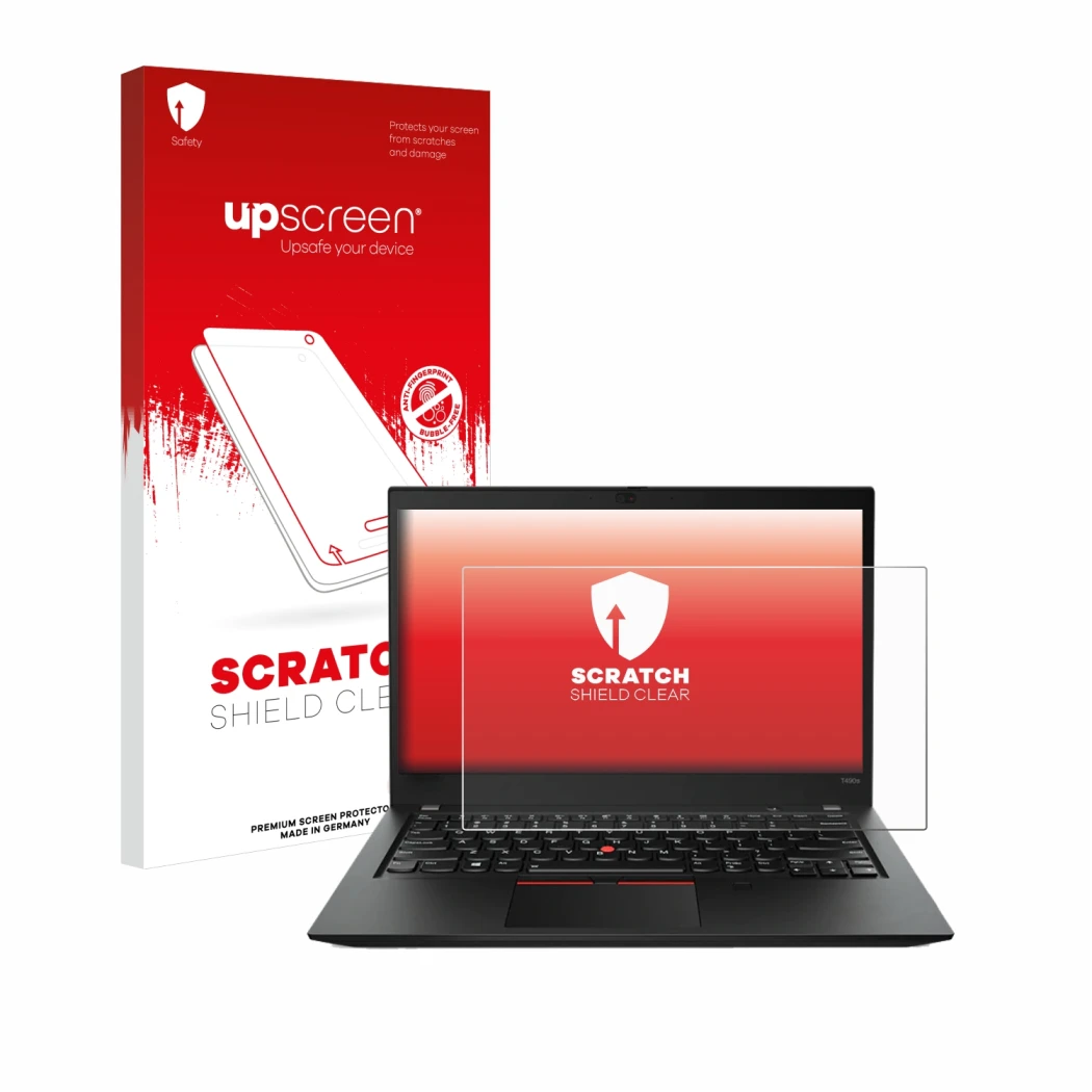 Parte frontal de un envase de producto con el logotipo de la marca upscreen. Al lado se muestra el dispositivo Lenovo ThinkPad