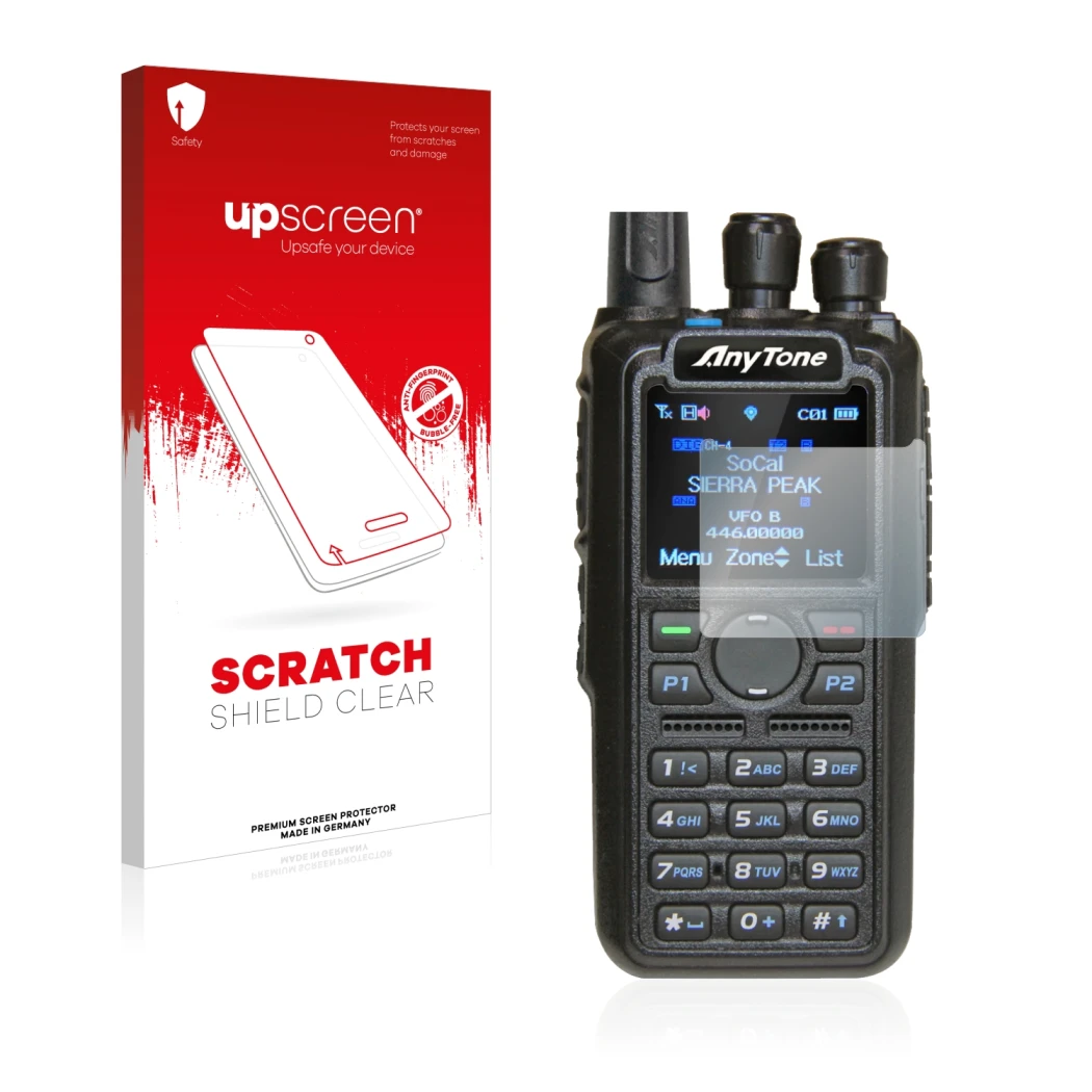 Parte frontal de un envase de producto con el logotipo de la marca upscreen. Al lado se muestra el dispositivo AnyTone AT-D878