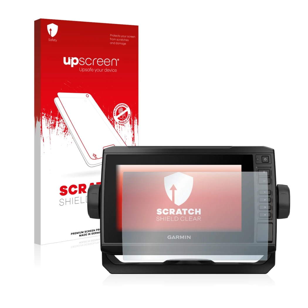 Parte frontal de un envase de producto con el logotipo de la marca upscreen. Al lado se muestra el dispositivo Garmin ECHOMAP