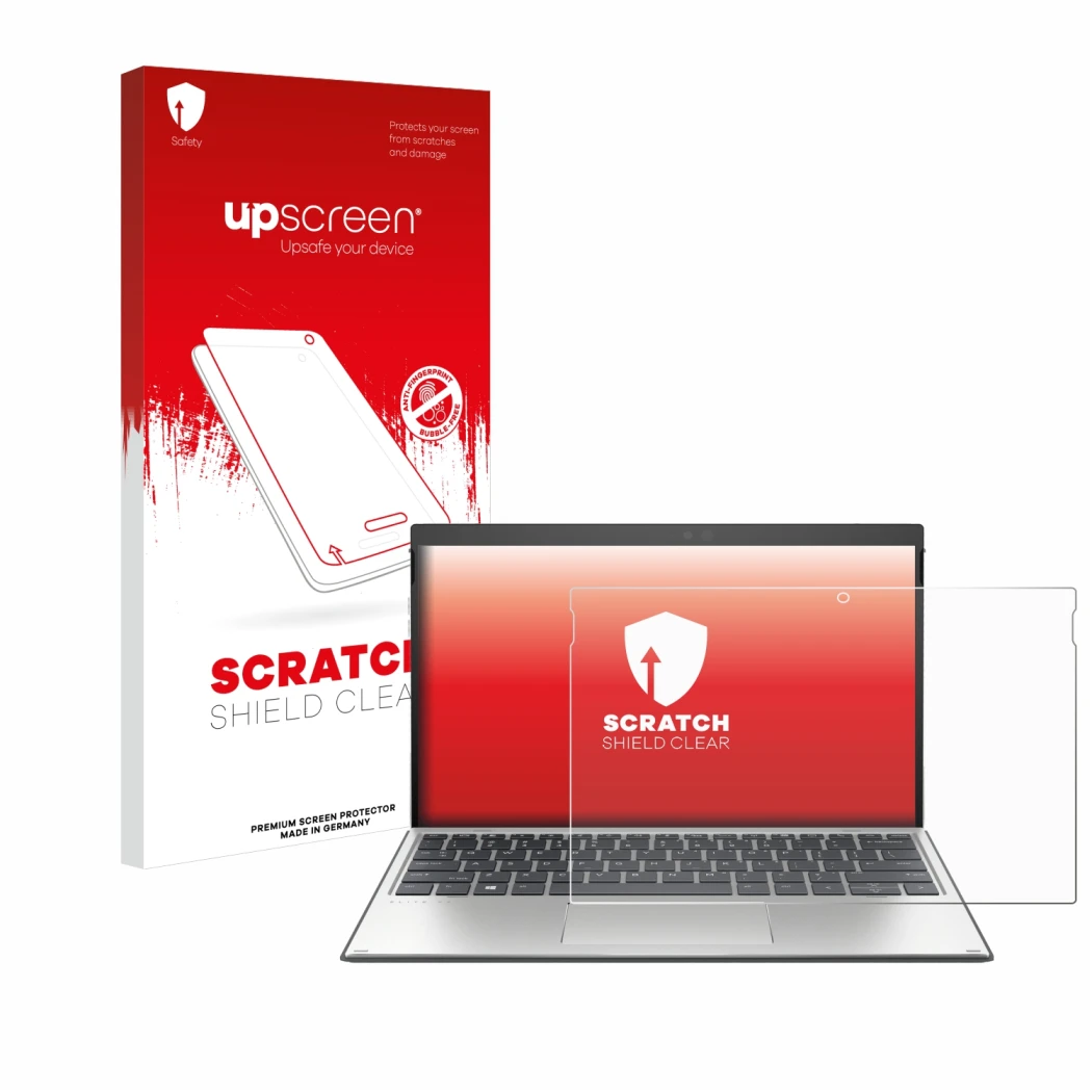 Parte frontal de un envase de producto con el logotipo de la marca upscreen. Al lado se muestra el dispositivo HP Elite x2 G4 