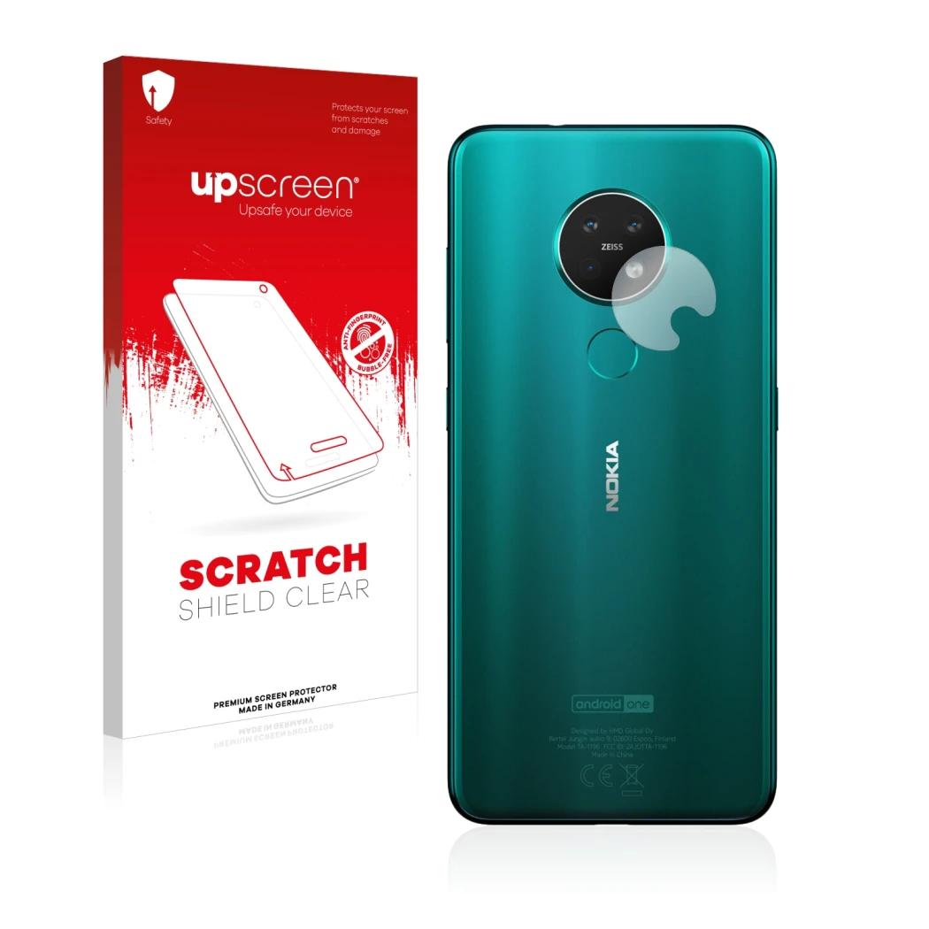 Parte frontal de un envase de producto con el logotipo de la marca upscreen. Al lado se muestra el dispositivo Nokia 7.2 (SÓLO