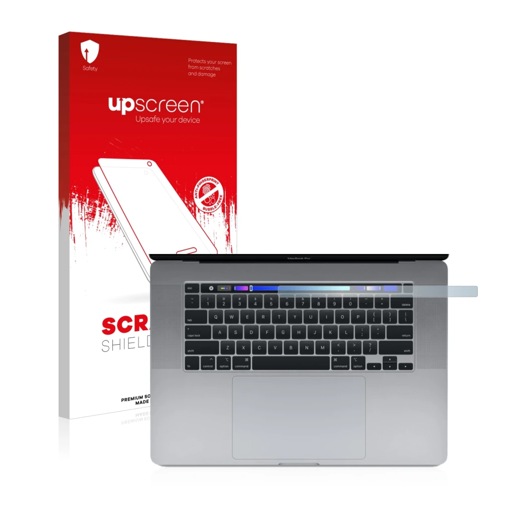 Parte frontal de un envase de producto con el logotipo de la marca upscreen. Al lado se muestra el dispositivo Apple MacBook P
