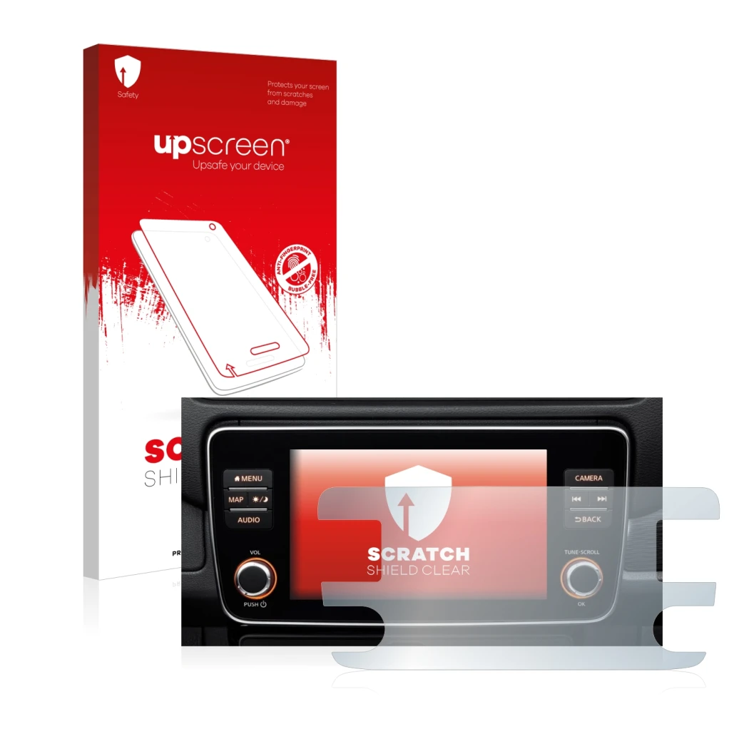 Parte frontal de un envase de producto con el logotipo de la marca upscreen. Al lado se muestra el dispositivo Nissan Leaf E P