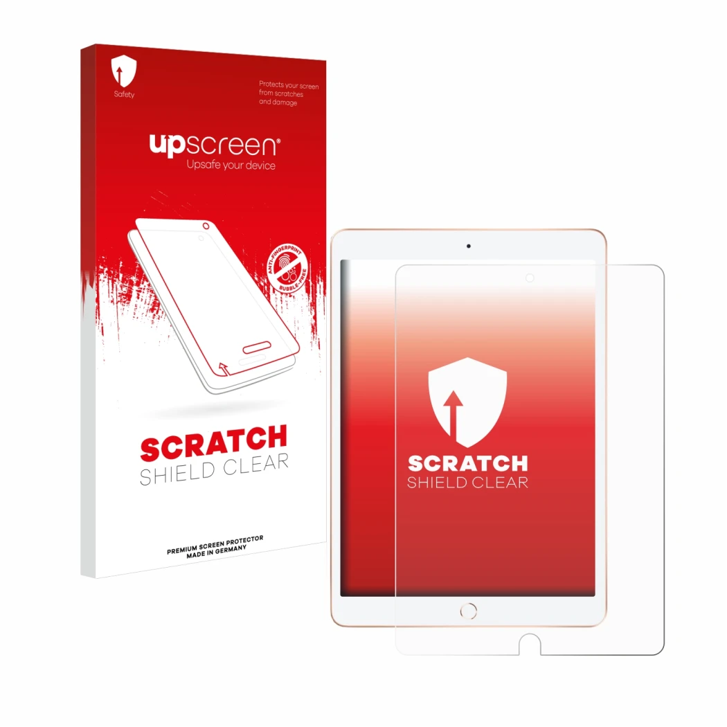Parte frontal de un envase de producto con el logotipo de la marca upscreen. Al lado se muestra el dispositivo Apple iPad 10.2