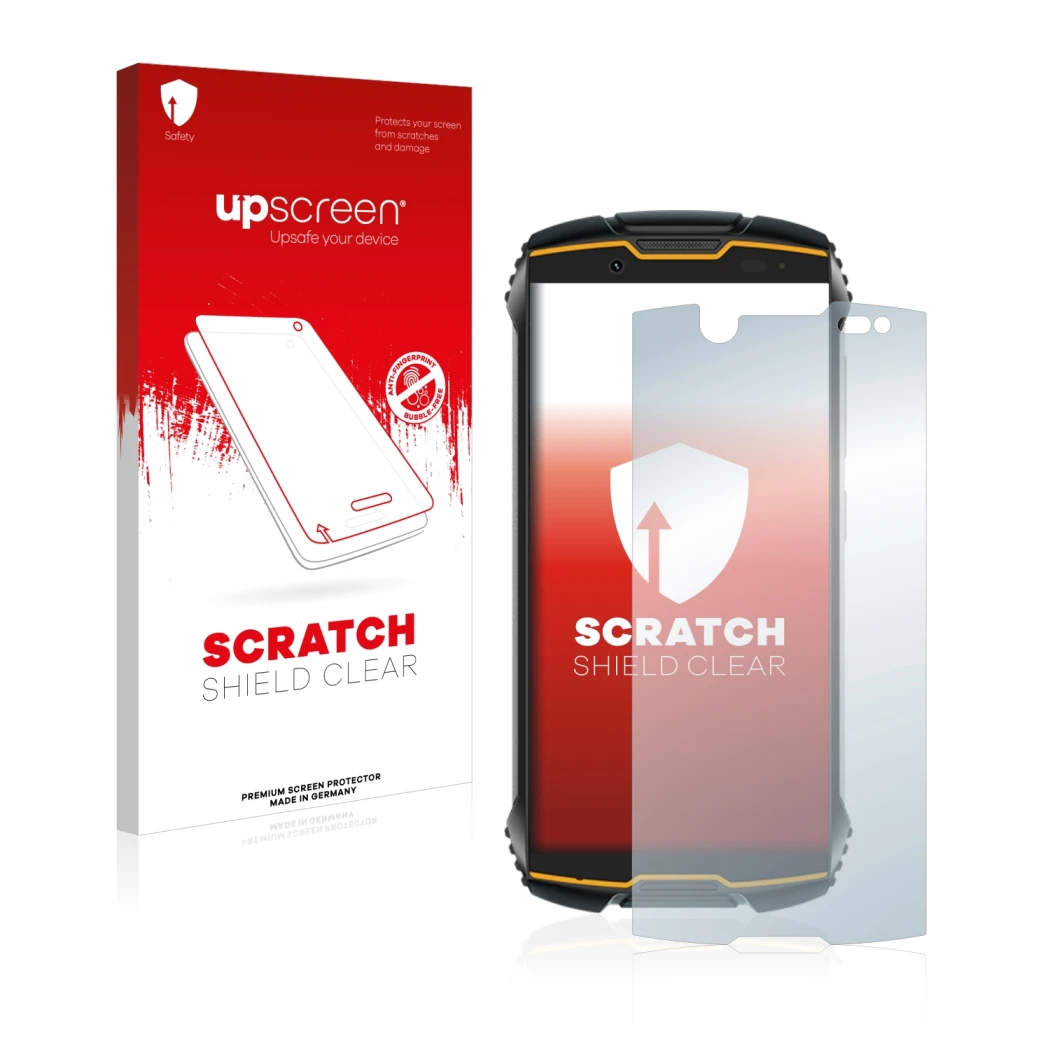 Parte frontal de un envase de producto con el logotipo de la marca upscreen. Al lado se muestra el dispositivo Cubot King Kong