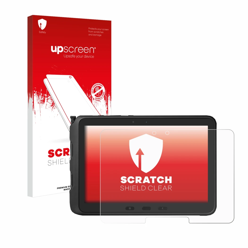 Parte frontal de un envase de producto con el logotipo de la marca upscreen. Al lado se muestra el dispositivo Samsung Galaxy