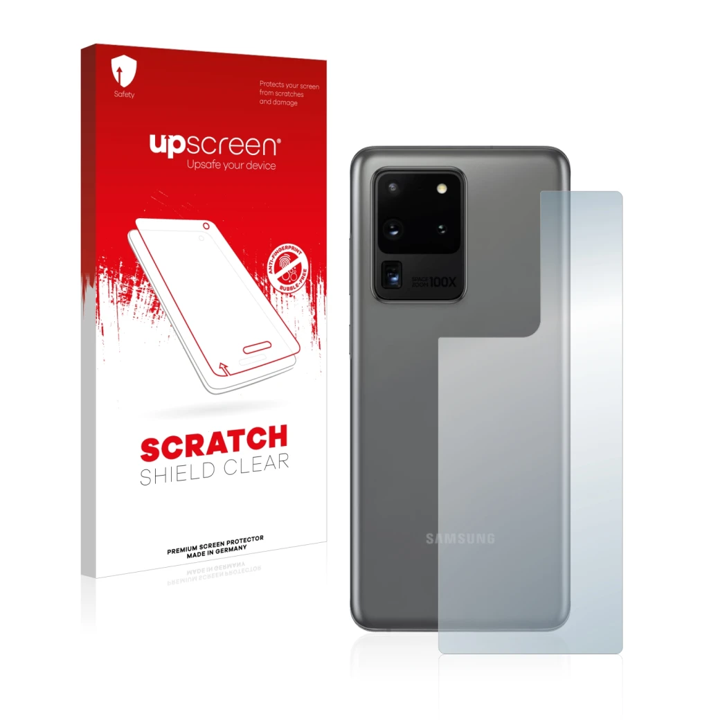 Parte frontal de un envase de producto con el logotipo de la marca upscreen. Al lado se muestra el dispositivo Samsung Galaxy 
