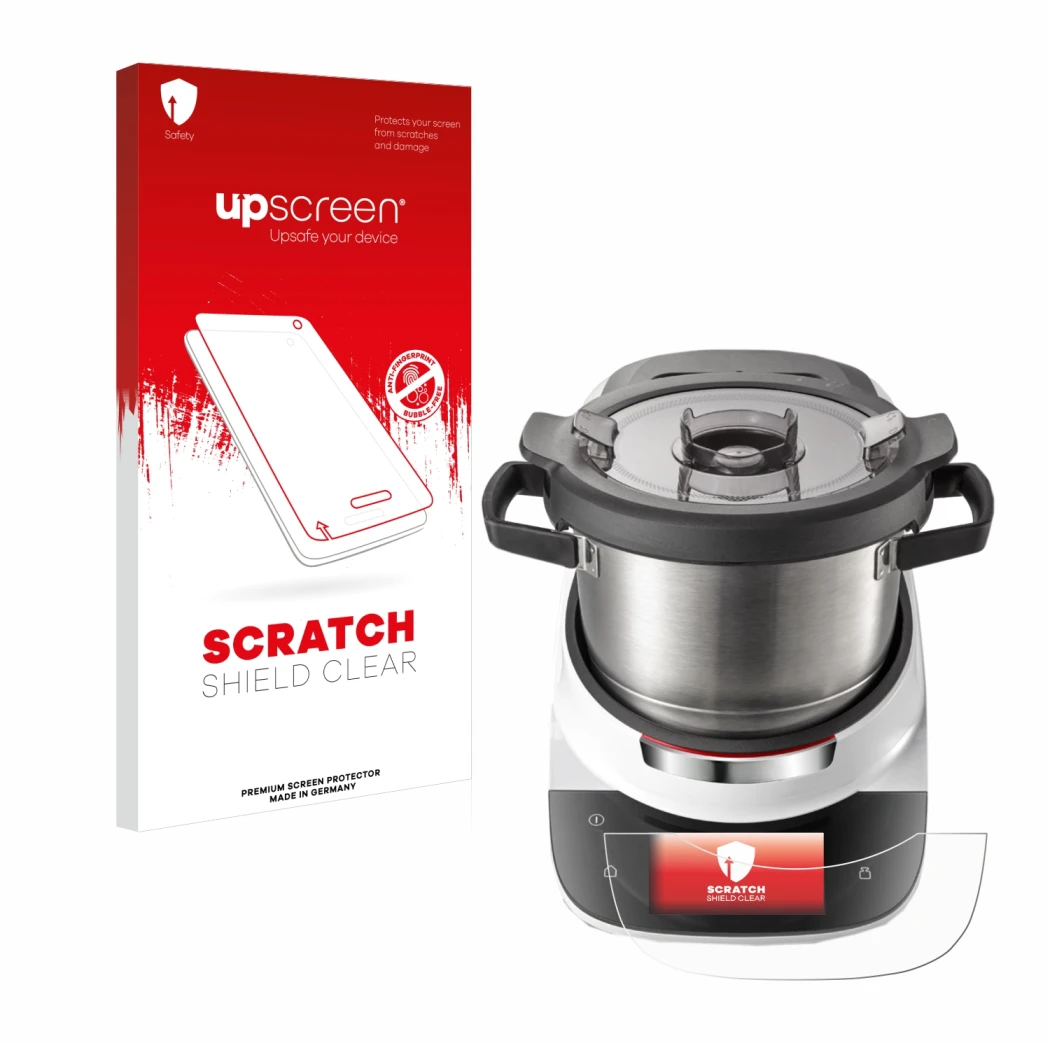 Parte frontal de un envase de producto con el logotipo de la marca upscreen. Al lado se muestra el dispositivo Bosch Cookit co