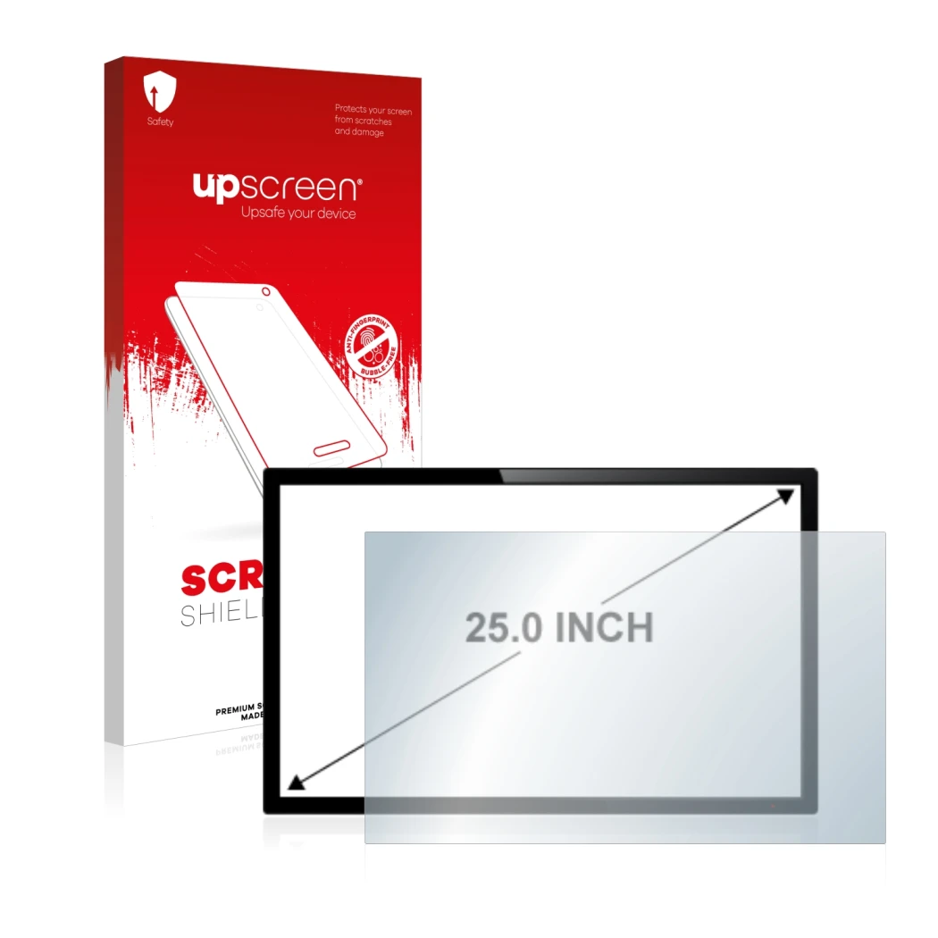 Parte frontal de un envase de producto con el logotipo de la marca upscreen. Al lado se muestra el dispositivo con su protecto