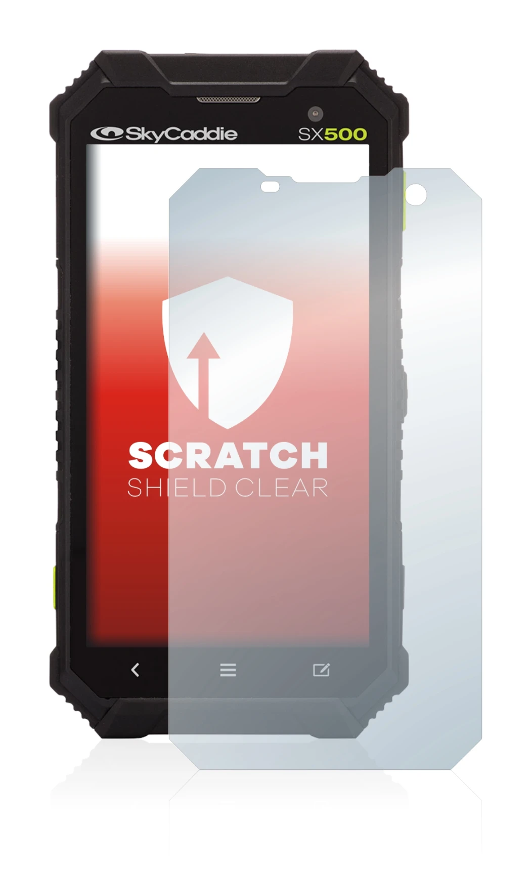 Imagen del dispositivo SkyCaddie SX500 con una amplia variedad de protectores de pantalla.