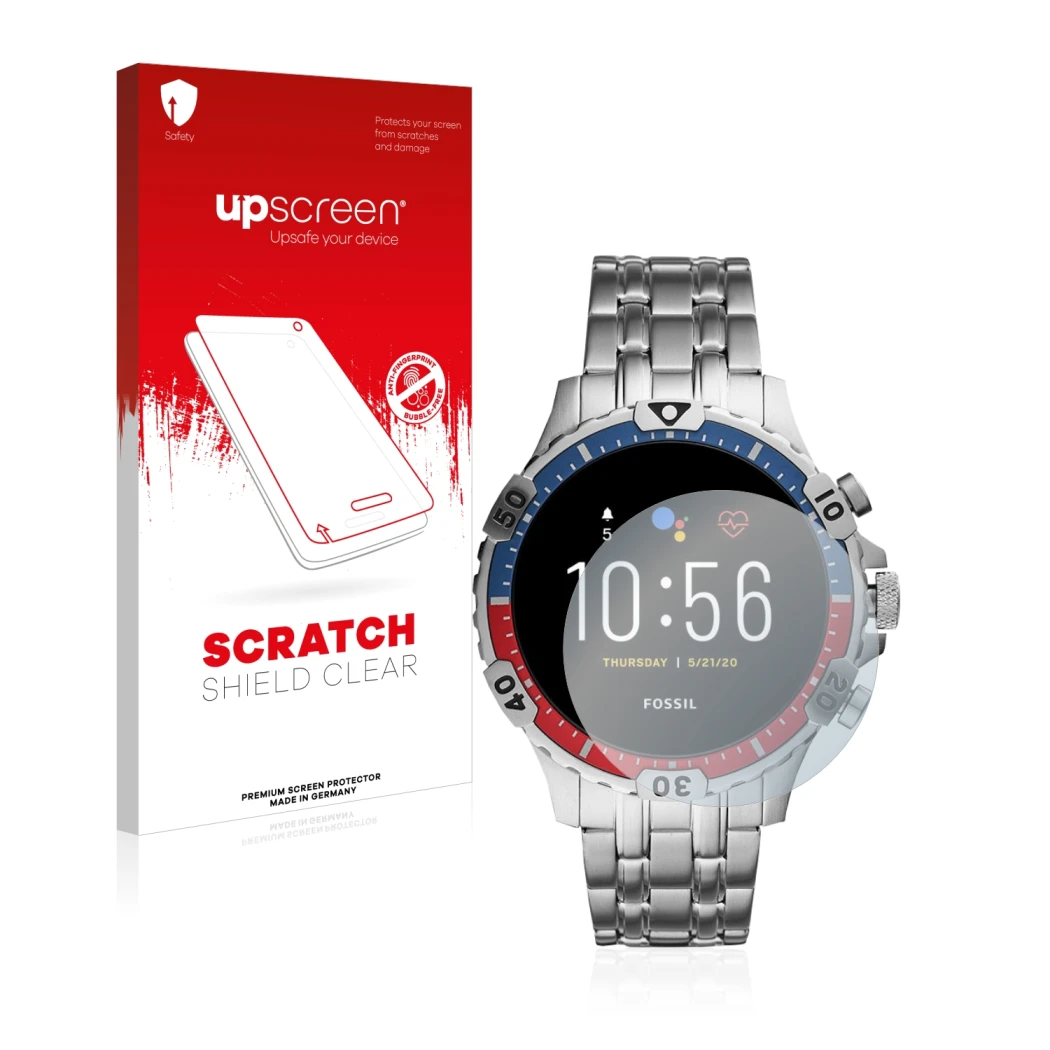 Parte frontal de un envase de producto con el logotipo de la marca upscreen. Al lado se muestra el dispositivo Fossil Garrett