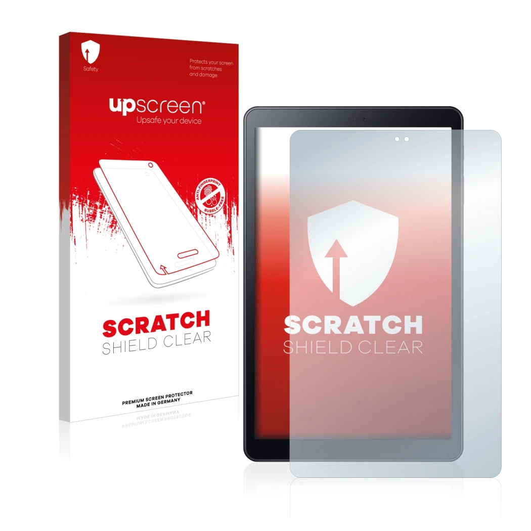 Parte frontal de un envase de producto con el logotipo de la marca upscreen. Al lado se muestra el dispositivo Samsung Galaxy