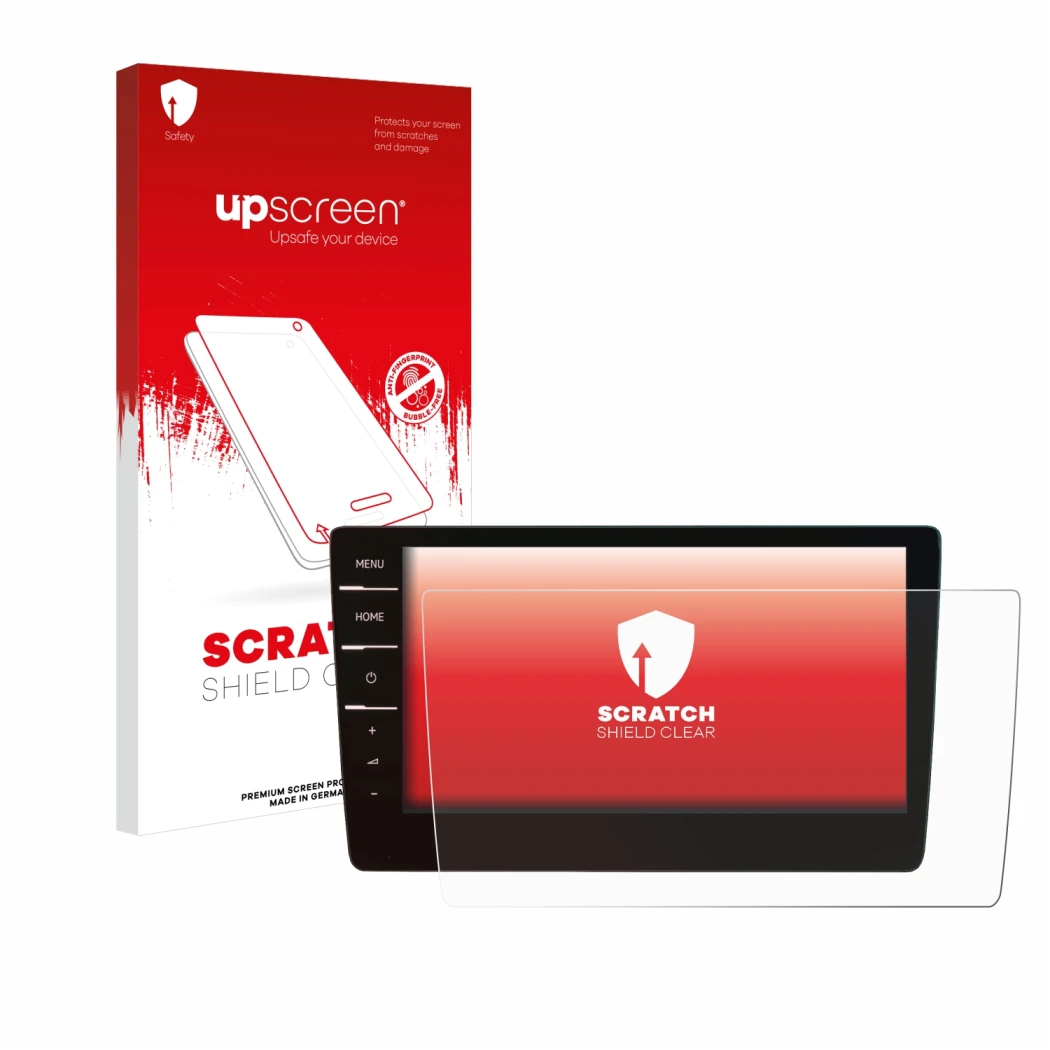 Parte frontal de un envase de producto con el logotipo de la marca upscreen. Al lado se muestra el dispositivo Volkswagen Pass