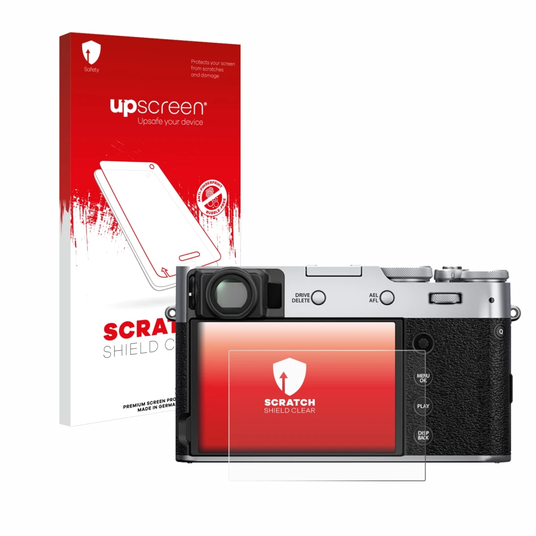 Parte frontal de un envase de producto con el logotipo de la marca upscreen. Al lado se muestra el dispositivo Fujifilm X100V 