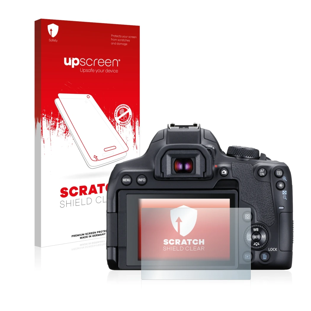 Parte frontal de un envase de producto con el logotipo de la marca upscreen. Al lado se muestra el dispositivo Canon EOS 850D 