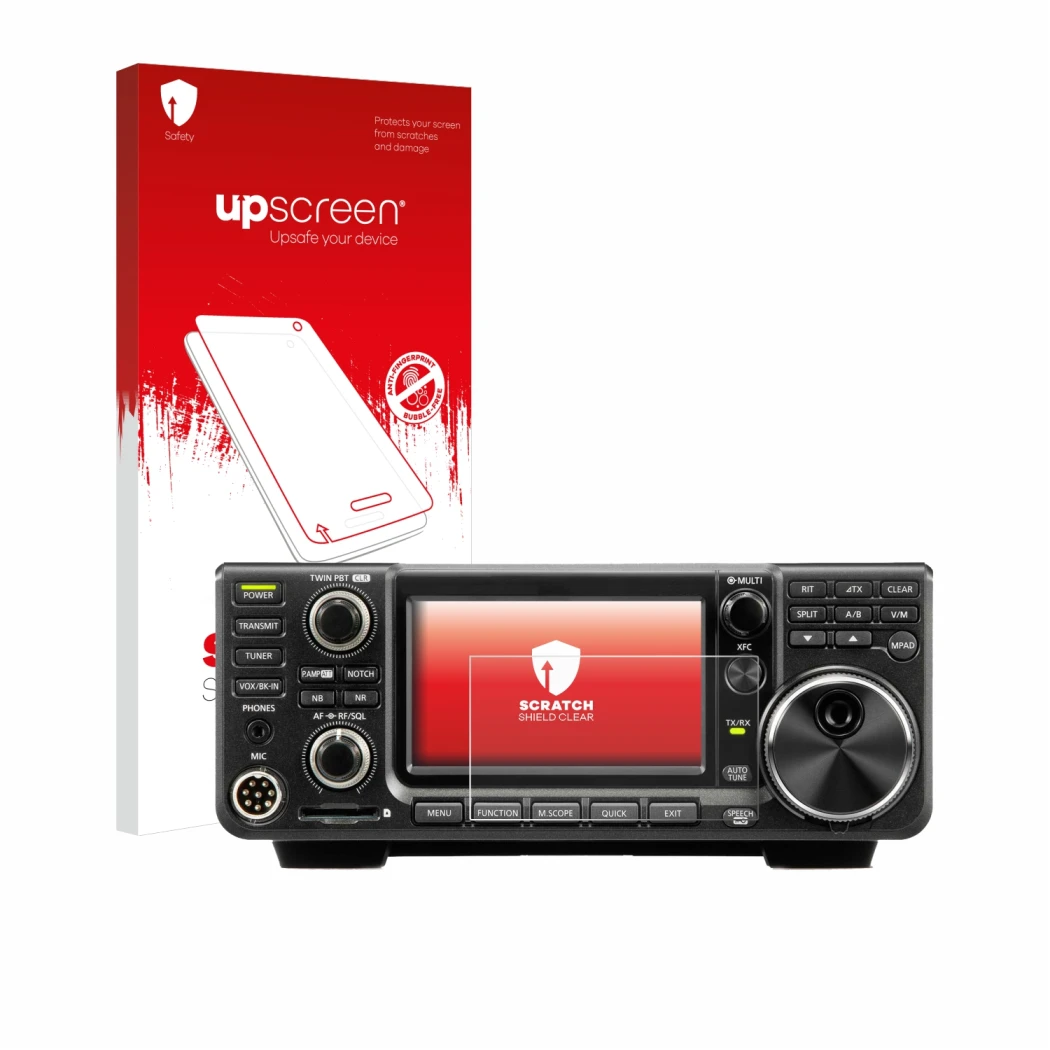 Parte frontal de un envase de producto con el logotipo de la marca upscreen. Al lado se muestra el dispositivo Icom IC-9700 co