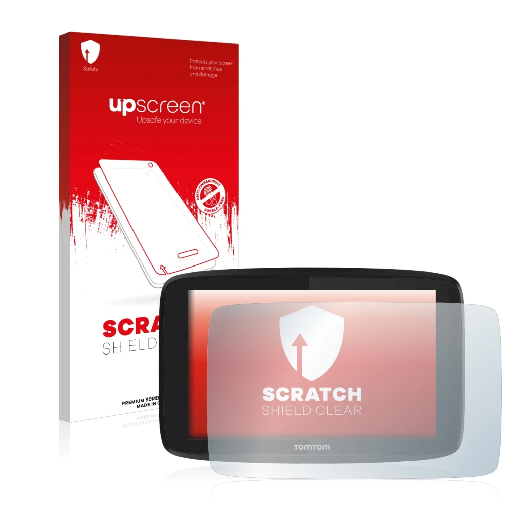 Parte frontal de un envase de producto con el logotipo de la marca upscreen. Al lado se muestra el dispositivo TomTom Go Profe