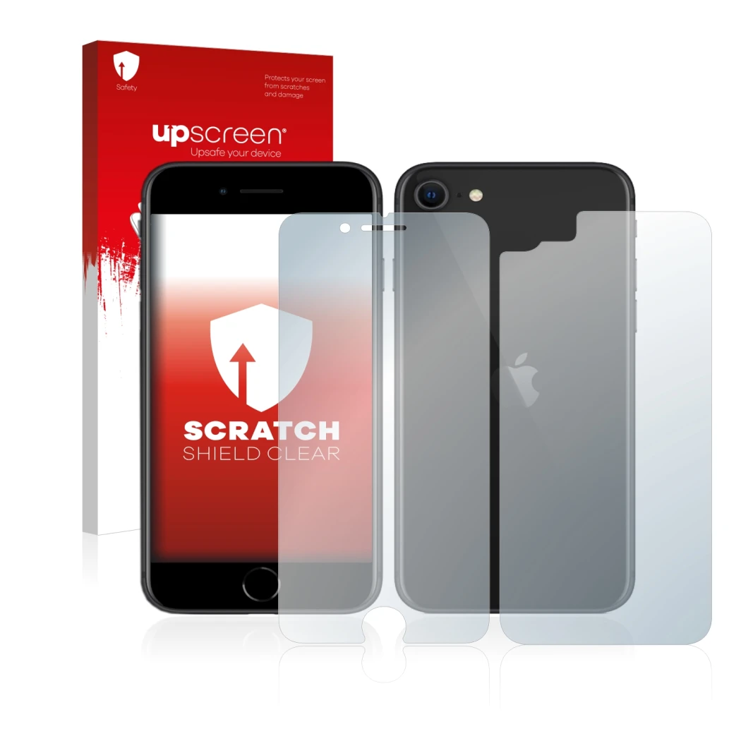 Parte frontal de un envase de producto con el logotipo de la marca upscreen. Al lado se muestra el dispositivo Apple iPhone SE