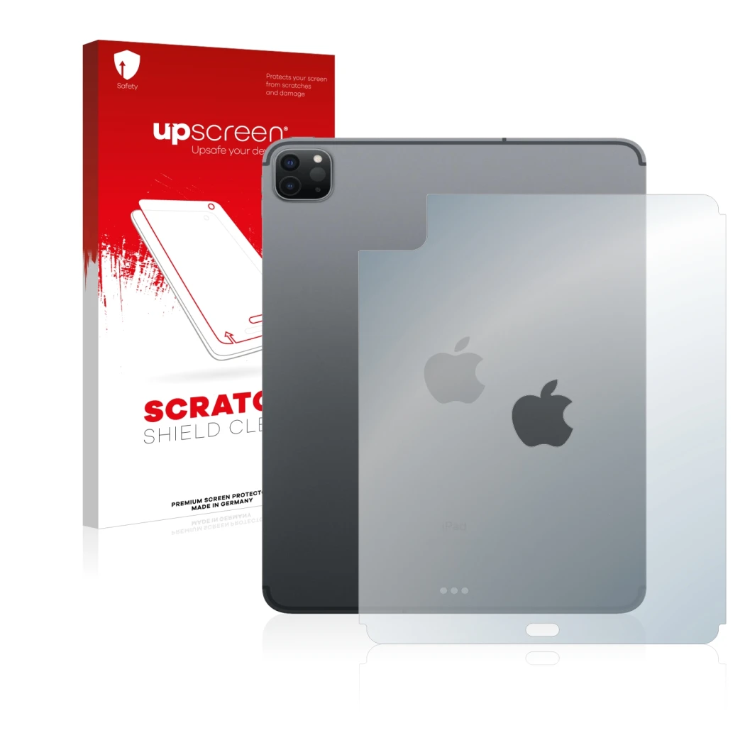 Parte frontal de un envase de producto con el logotipo de la marca upscreen. Al lado se muestra el dispositivo Apple iPad Pro