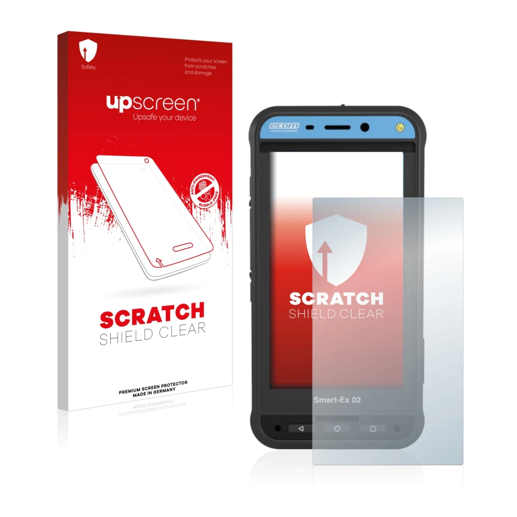 Parte frontal de un envase de producto con el logotipo de la marca upscreen. Al lado se muestra el dispositivo Ecom Smart-Ex 0
