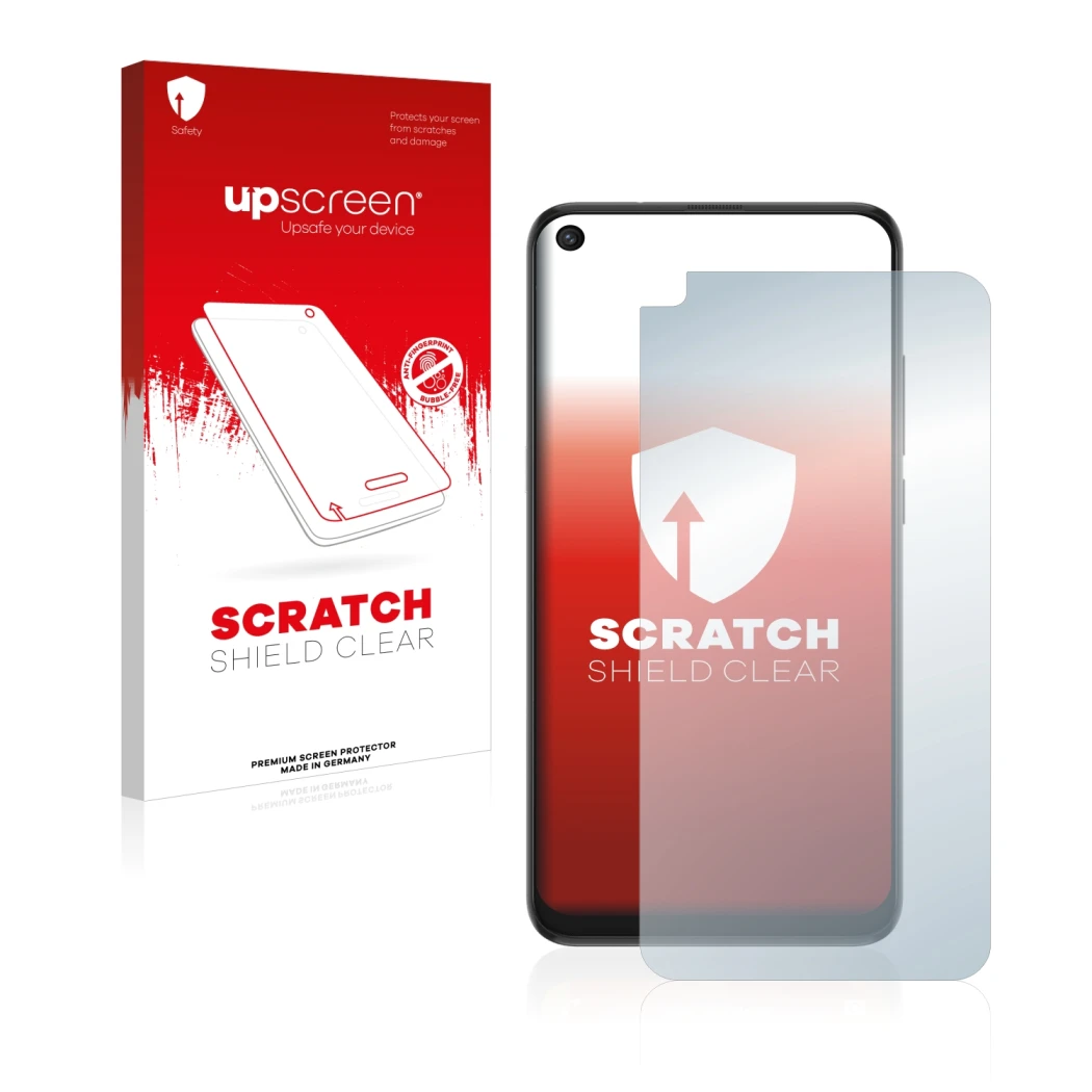 Parte frontal de un envase de producto con el logotipo de la marca upscreen. Al lado se muestra el dispositivo TCL 10L con su