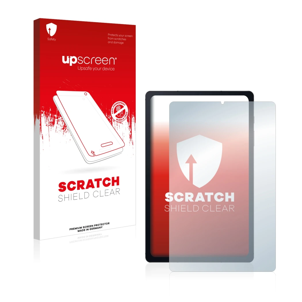Parte frontal de un envase de producto con el logotipo de la marca upscreen. Al lado se muestra el dispositivo Samsung Galaxy