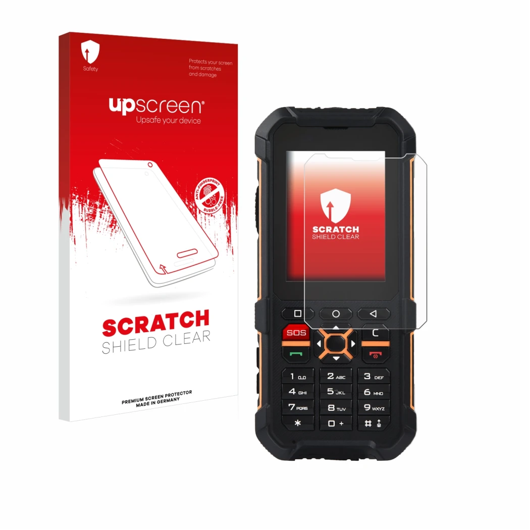 Parte frontal de un envase de producto con el logotipo de la marca upscreen. Al lado se muestra el dispositivo RugGear RG170 c