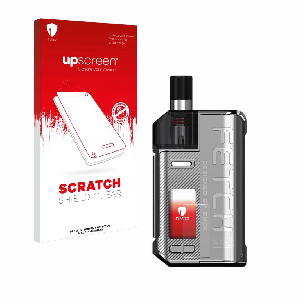 Parte frontal de un envase de producto con el logotipo de la marca upscreen. Al lado se muestra el dispositivo Smok Fetch 80W 